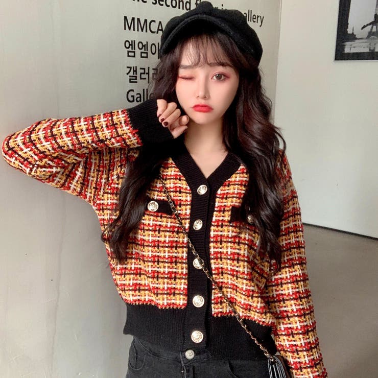 リブ配色デザインチェック柄長袖ニットカーディガン 秋冬 韓国