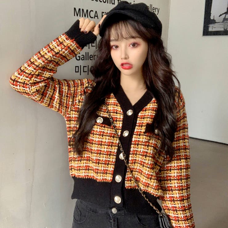 チェック柄 長袖カーディガン リブ配色デザインチェック柄長袖ニットカーディガン 秋冬 韓国