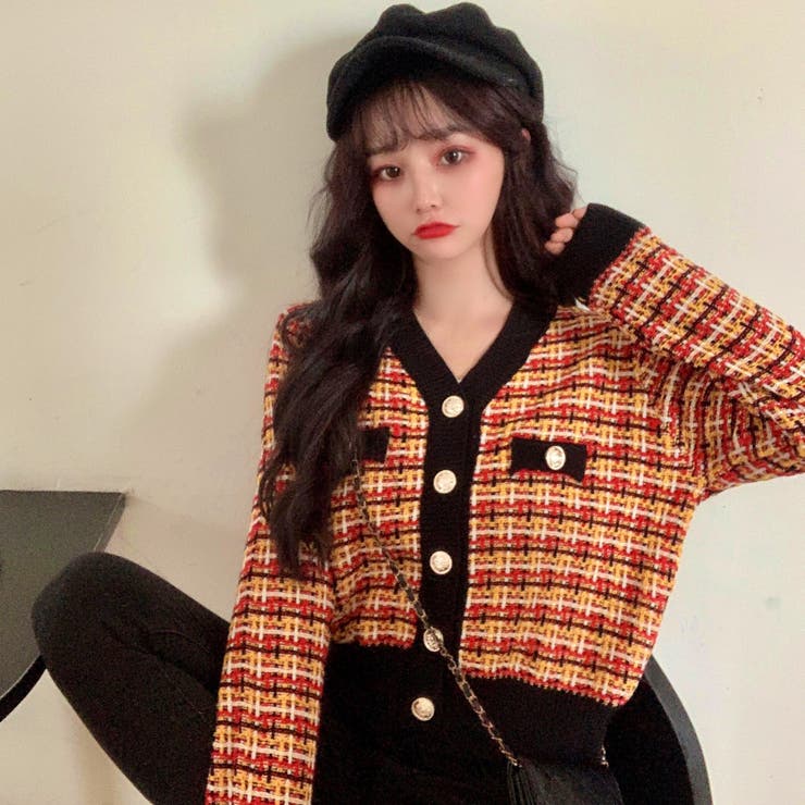 リブ配色デザインチェック柄長袖ニットカーディガン 秋冬 韓国