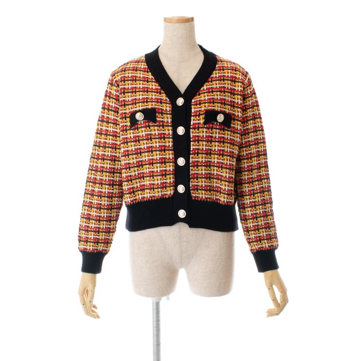 リブ配色デザインチェック柄長袖ニットカーディガン 秋冬 韓国