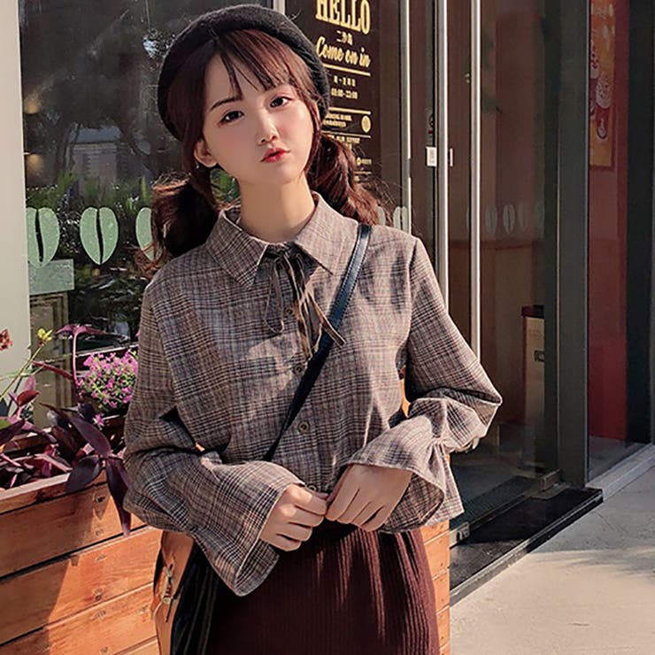 リボン付グレンチェック柄長袖シャツ 2020秋冬新作 韓国ファッション