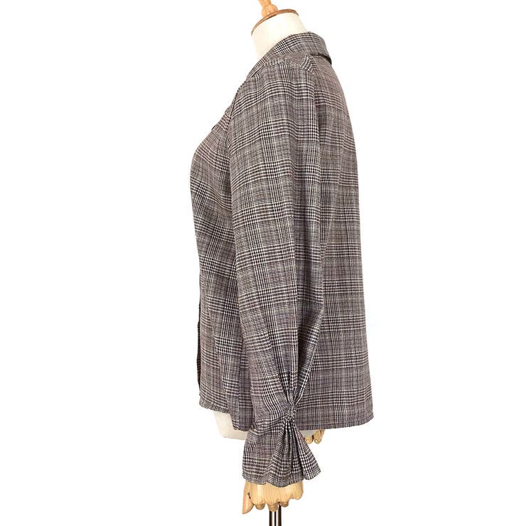 リボン付グレンチェック柄長袖シャツ 2020秋冬新作 韓国ファッション