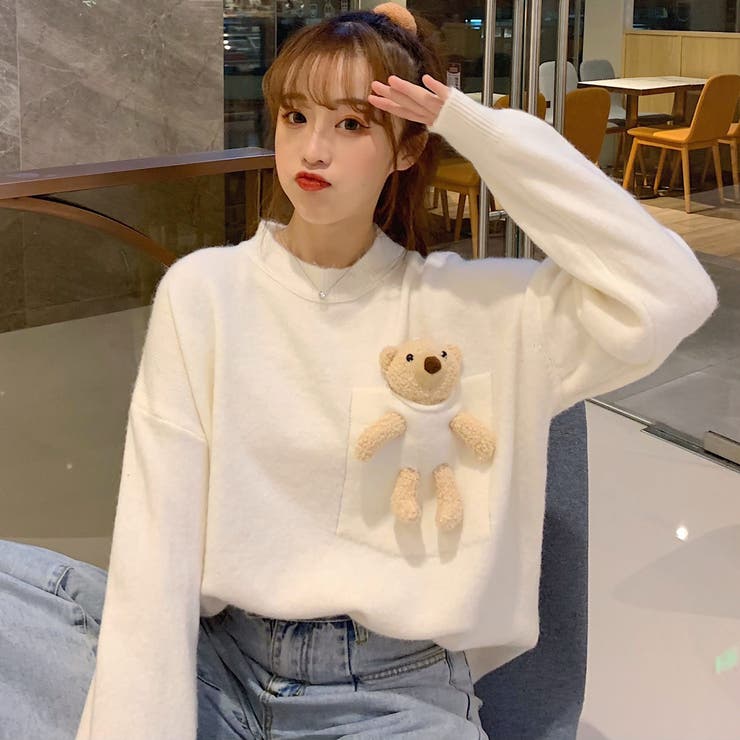 pinkhouseのぬいぐるみ付き 長袖ニットセーター 熊ぬいぐるみデザインポケット長袖ニットセーター 2020秋冬新作 韓国