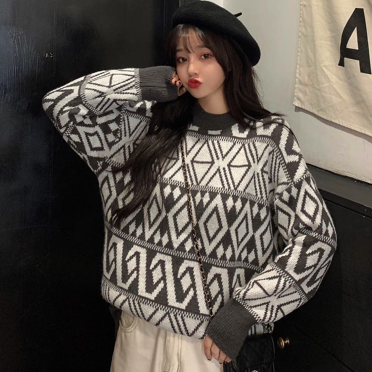 幾何学柄長袖ニットセーター 秋冬新作 韓国ファッション[品番