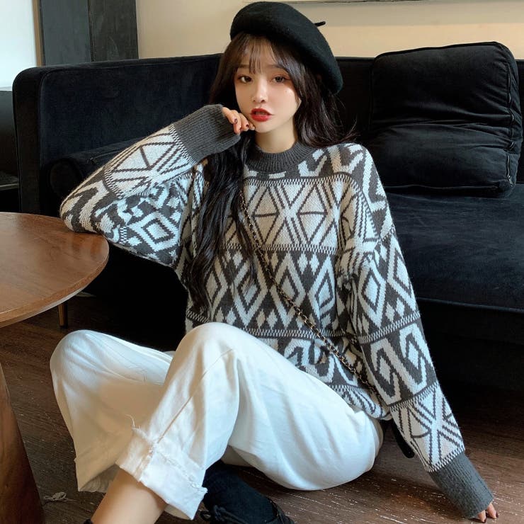 TANGRAM 幾何学模様 ニットセーター Lサイズ TANGRAM 幾何学模様 ニットセーター 幾何学柄ニットプルオーバー/柄