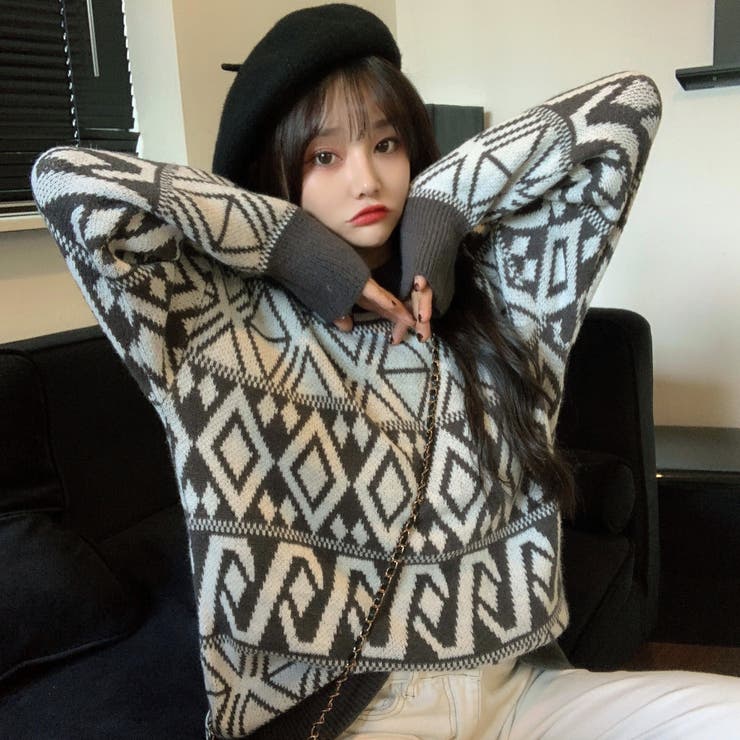 幾何学柄長袖ニットセーター 秋冬新作 韓国ファッション[品番