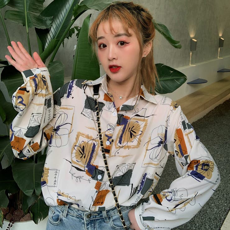 10【HANAEMORI】昭和レトロ バブル 総柄 肩パット ツイード 膝丈 短 総柄襟付長袖シャツ 2021春夏新作 韓国ファッション[品番：CP000008990