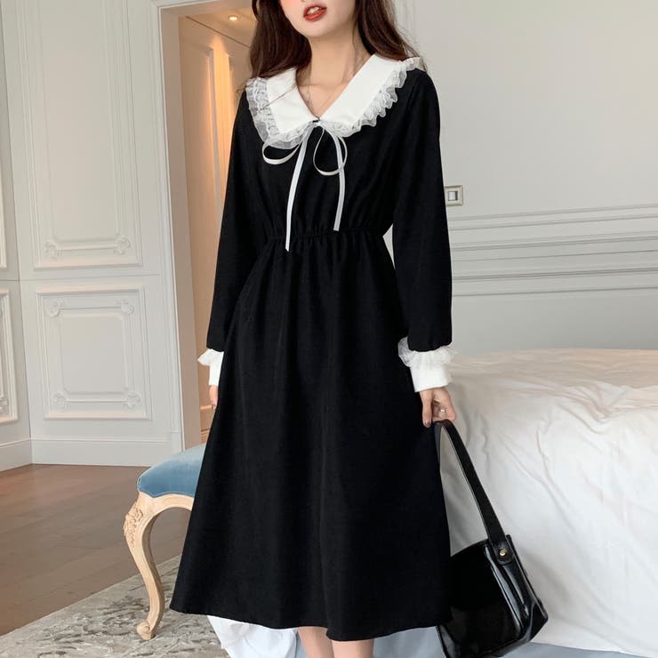 韓服　長袖ワンピース　総レース刺繍　ミモレ丈　ネイビー　モダンレース　生活韓服 リボンデザインチュールレース配色襟付長袖ワンピース 2021春夏新作