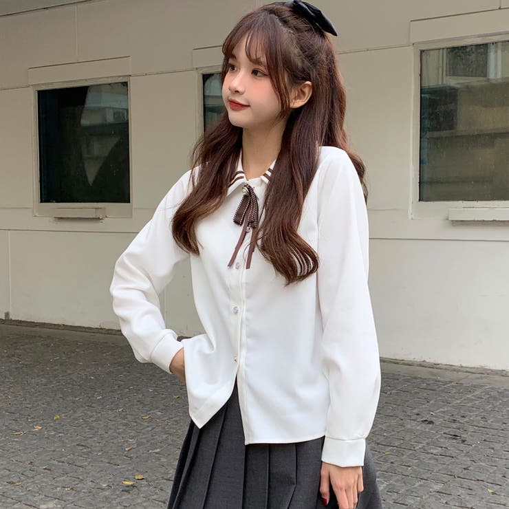 リボン付ライン入り襟長袖シャツ 2021春夏新作 韓国ファッション[品番