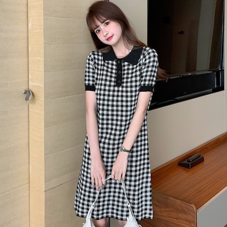 チェック柄配色半袖ニットワンピース 春夏 韓国ファッション[品番