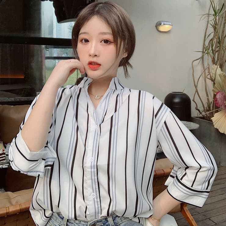 ストライプ柄5分袖シャツ 春夏 韓国ファッション[品番：CP000009020 