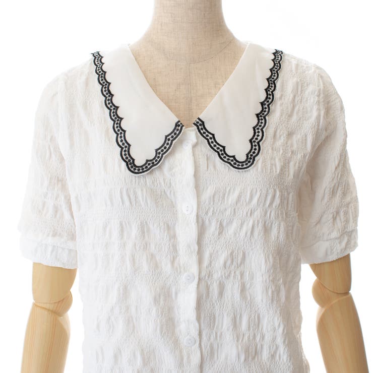 刺繍襟付半袖シャツ 春夏 韓国ファッション[品番：CP000009029