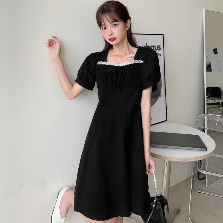 リボン付レースデザイン半袖ワンピース 春夏 韓国ファッション | DearHeart | 詳細画像2 