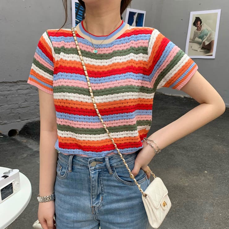 カラフルボーダー柄半袖ニットソー 春夏 韓国ファッション[品番