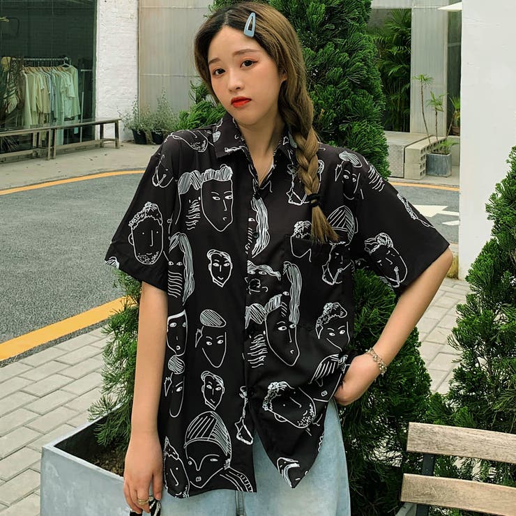 [DEWL]ハート・ローズ半袖ティーシャツ 顔柄総柄襟付半袖シャツ 春夏 韓国ファッション[品番