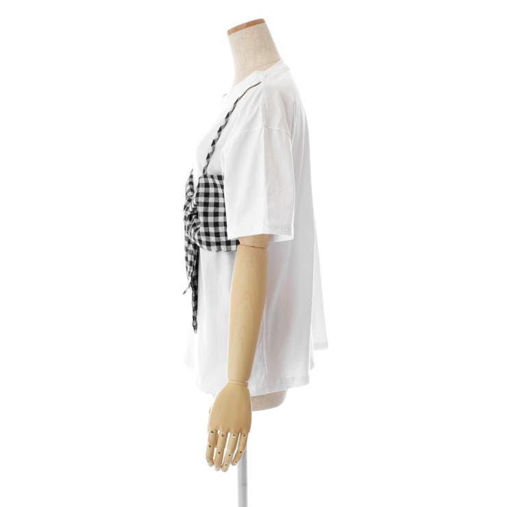 チェック柄フェイクレイヤードキャミソール半袖Tシャツカットソー 春夏  