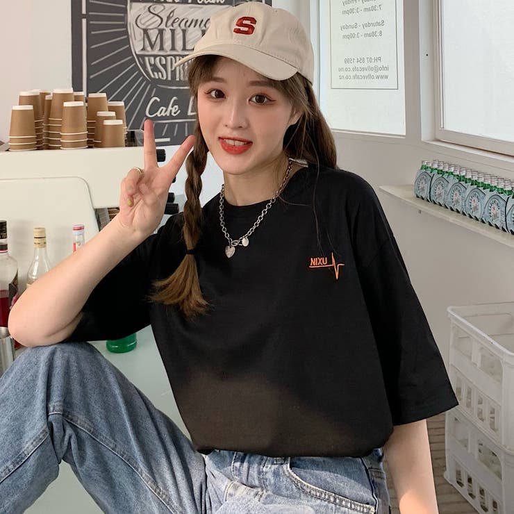 英字刺繍デザイン半袖Tシャツカットソー 春夏 韓国ファッション 英字刺繍デザイン半袖Tシャツカットソー 春夏 韓国ファッション