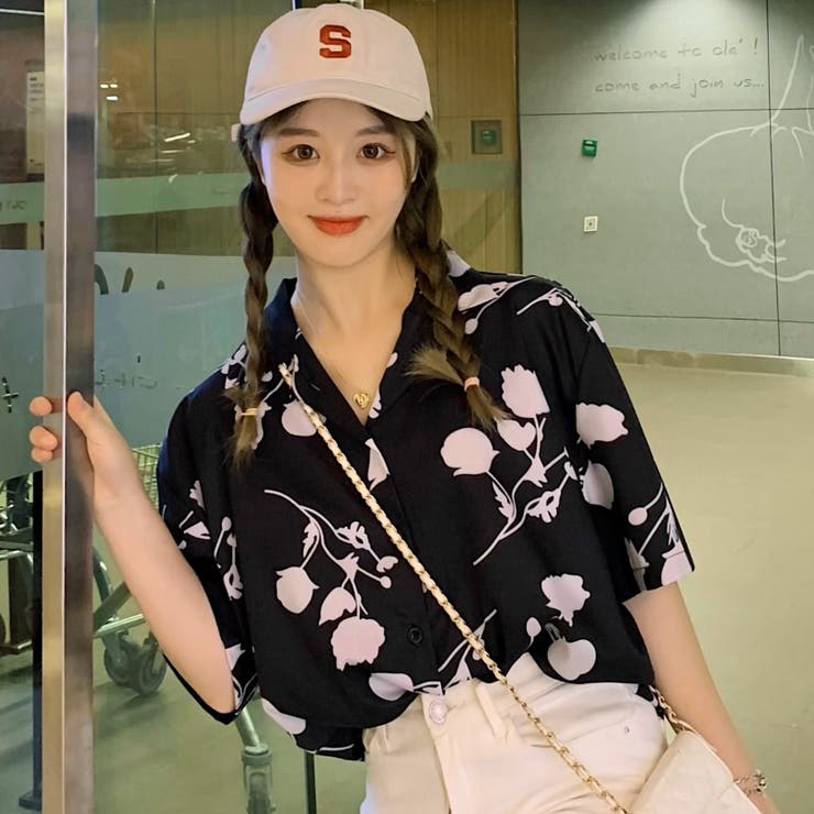 モノクロ花柄総柄襟付半袖シャツ 春夏 韓国ファッション[品番