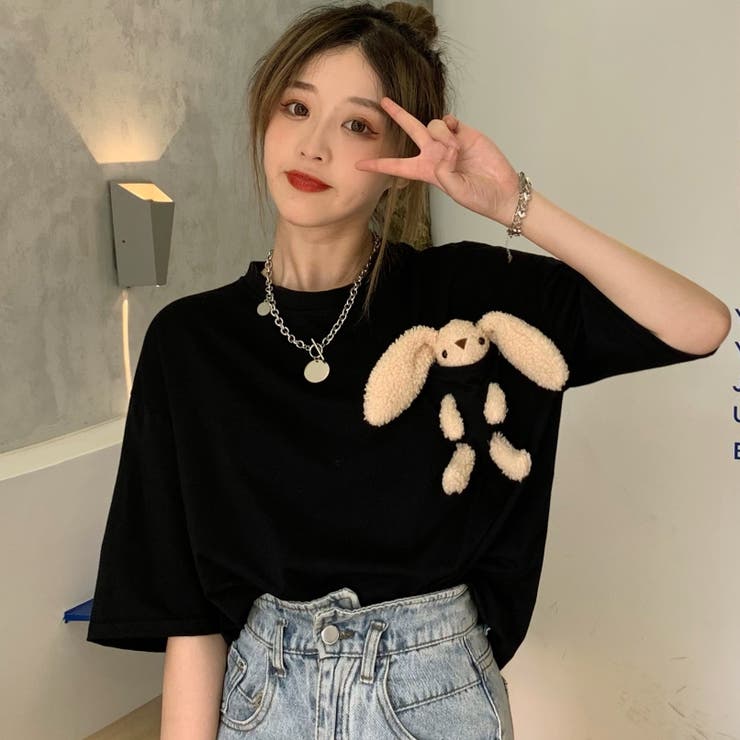 熊ぬいぐるみ付半袖Tシャツカットソー 春夏新作 韓国ファッション