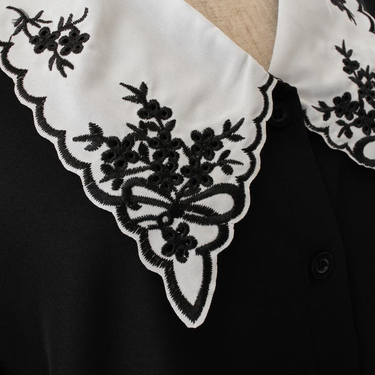 花柄刺繍襟付半袖シャツ 春夏新作 韓国ファッション[品番：CP000009290 