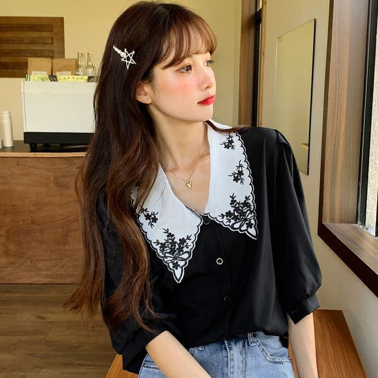 花柄刺繍襟付半袖シャツ 春夏新作 韓国ファッション[品番