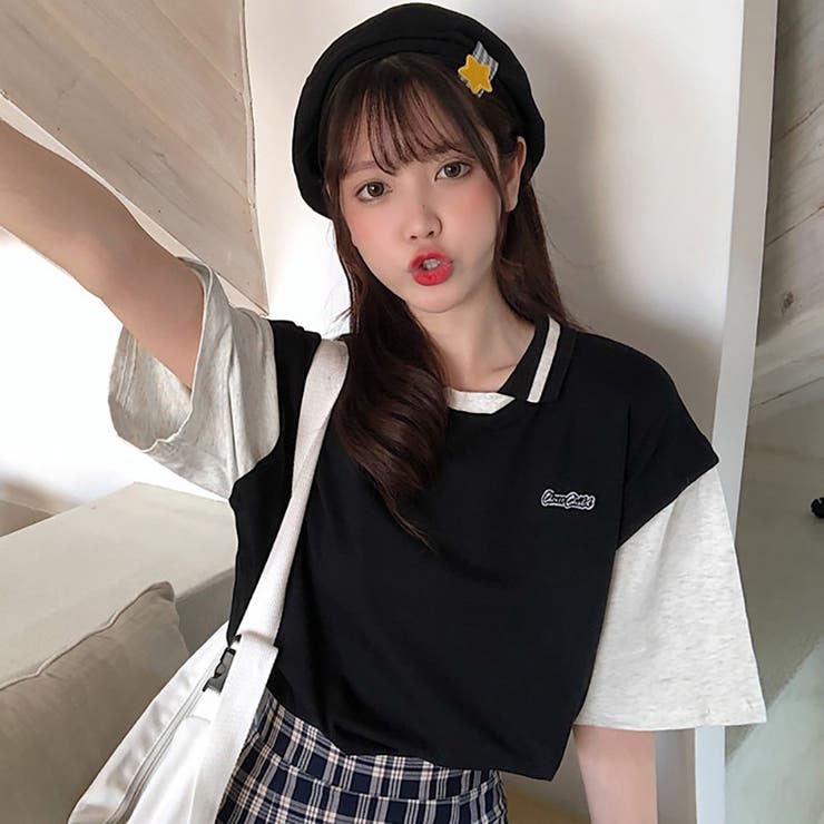 フェイクレイヤード シャツ 2色 無地 チェック 半袖 韓国 cr9629 フェイクレイヤード シャツ 2色 無地 チェック 半袖 韓国 cr9629