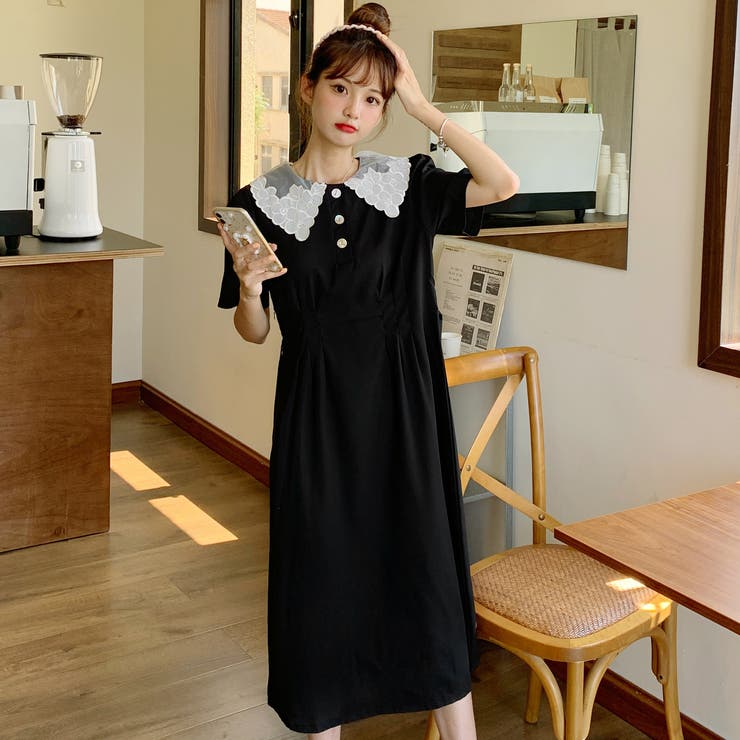 花柄デザイン襟付半袖ワンピース 春夏新作 韓国ファッション[品番