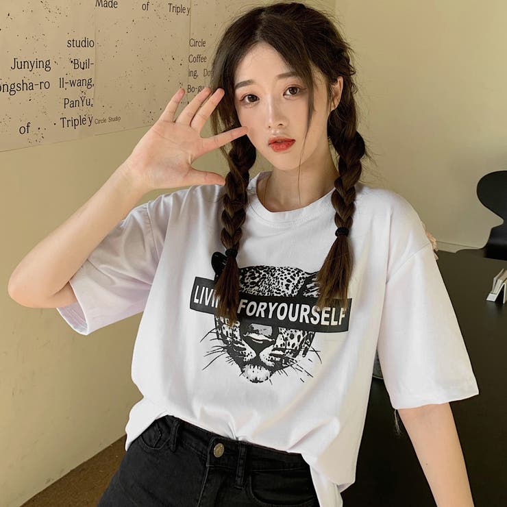 虎英字プリント半袖Tシャツカットソー 春夏新作 韓国ファッション[品番