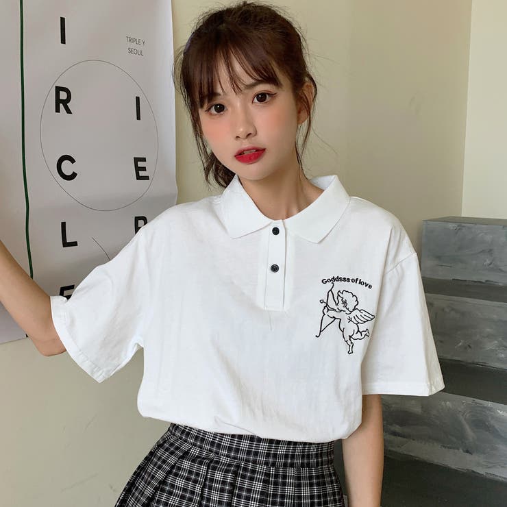 エンジェル刺繍デザイン半袖ポロシャツ 春夏新作 韓国ファッション