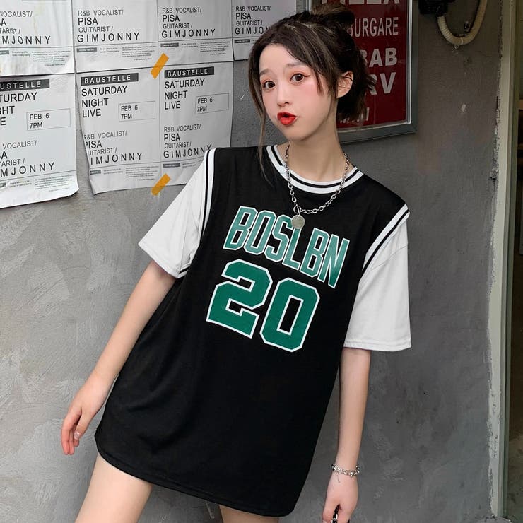 英字プリントフェイクレイヤード半袖Tシャツカットソー 春夏新作 韓国