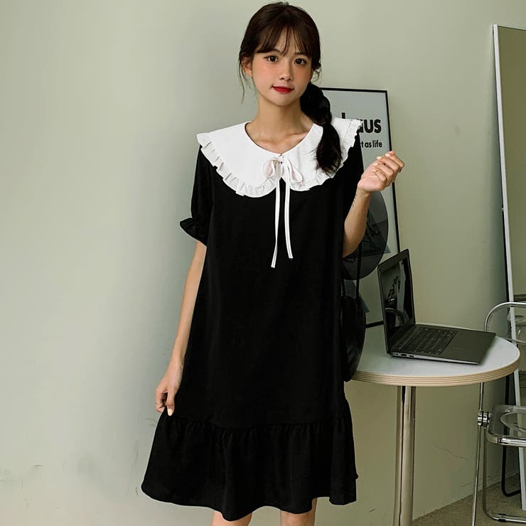 フリル配色襟付半袖ワンピース 春夏新作 韓国ファッション[品番