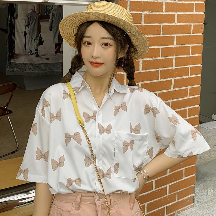 MM6 シャツ　リボン付き半袖シャツ リボン柄襟付半袖シャツ 春夏新作 韓国ファッション[品番：CP000009330