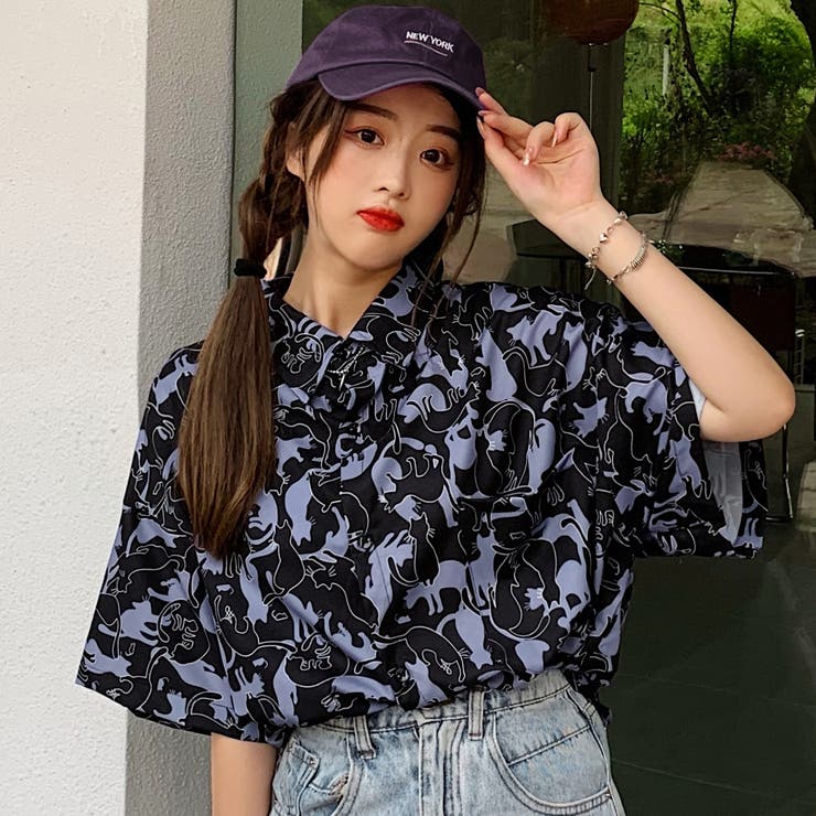 猫柄総柄襟付半袖シャツ 春夏新作 韓国ファッション[品番：CP000009333