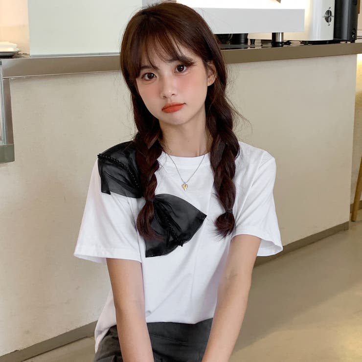 リボンモチーフデザイン半袖Tシャツカットソー 春夏新作 韓国