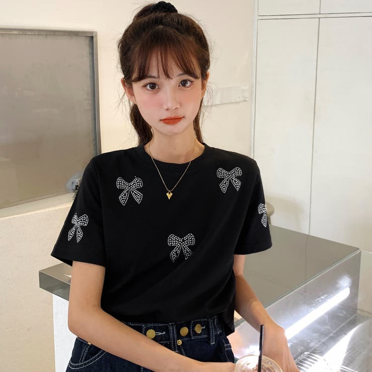 【ギフ_包装】 リボン柄半袖Tシャツカットソー 韓国ファッション[品番 春夏新作 Mサイズ