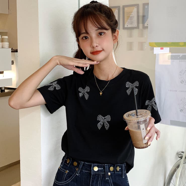 リボン柄半袖Tシャツカットソー 春夏新作 韓国ファッション | DearHeart | 詳細画像2 
