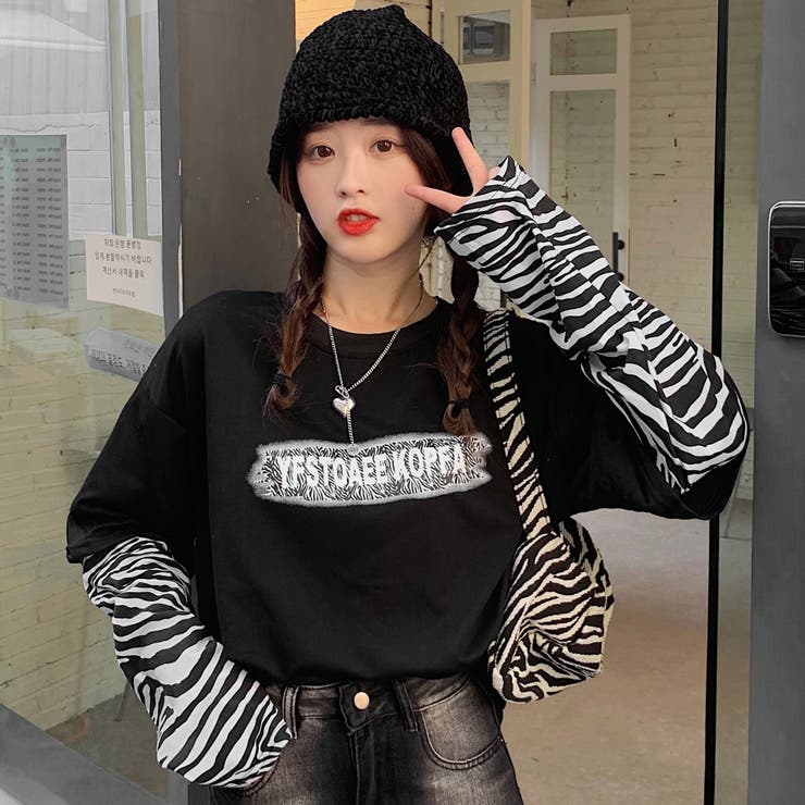 【限定製作】 ゼブラ柄スリーブフェイクレイヤード英字プリント長袖Tシャツ トップス