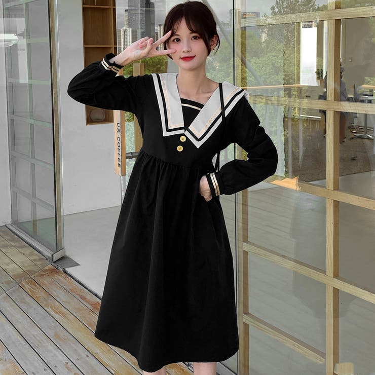 ラインデザイン襟付長袖ワンピース 秋冬新作 韓国ファッション[品番