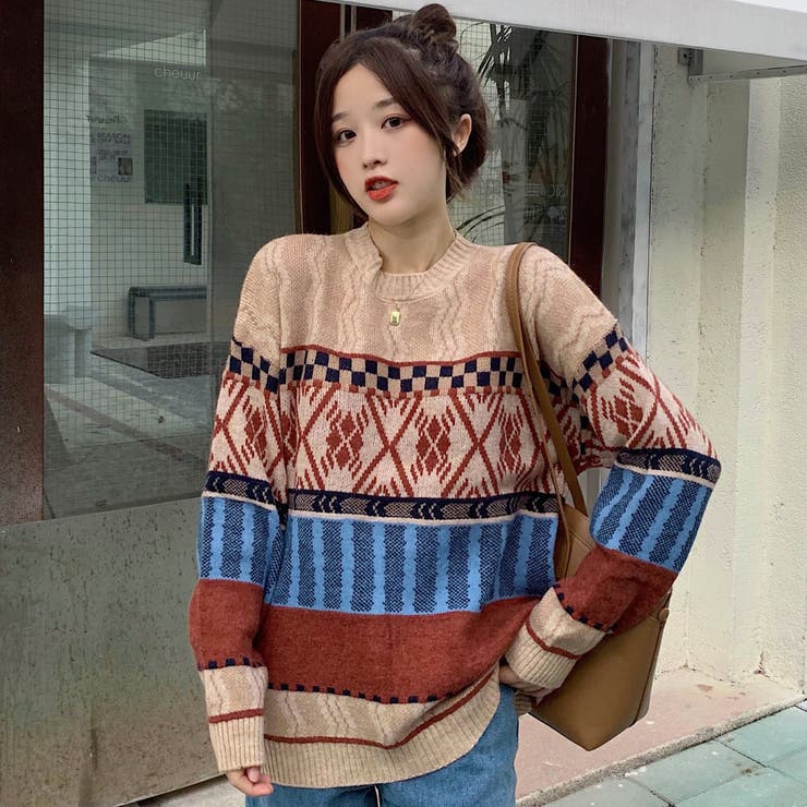 ノルディック柄長袖ニットセーター 秋冬新作 韓国ファッション[品番