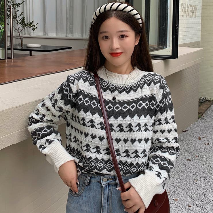 ノルディック柄長袖ニットセーター 秋冬新作 韓国ファッション[品番
