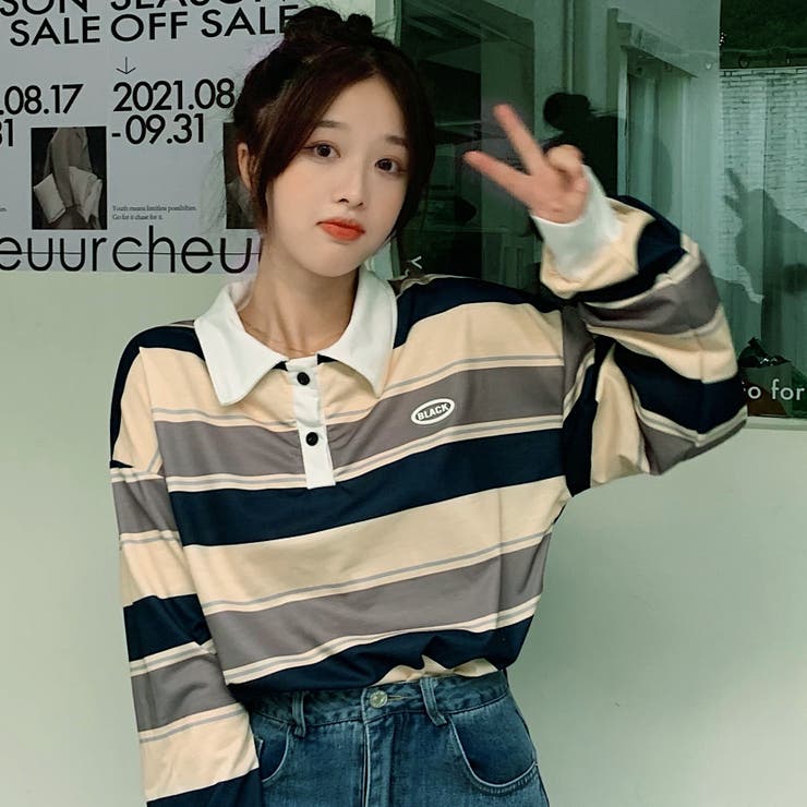 送料無料 内祝い SCULPTOR ボーダー Tシャツ 韓国カジュアル ポロシャツ レディースウェア
