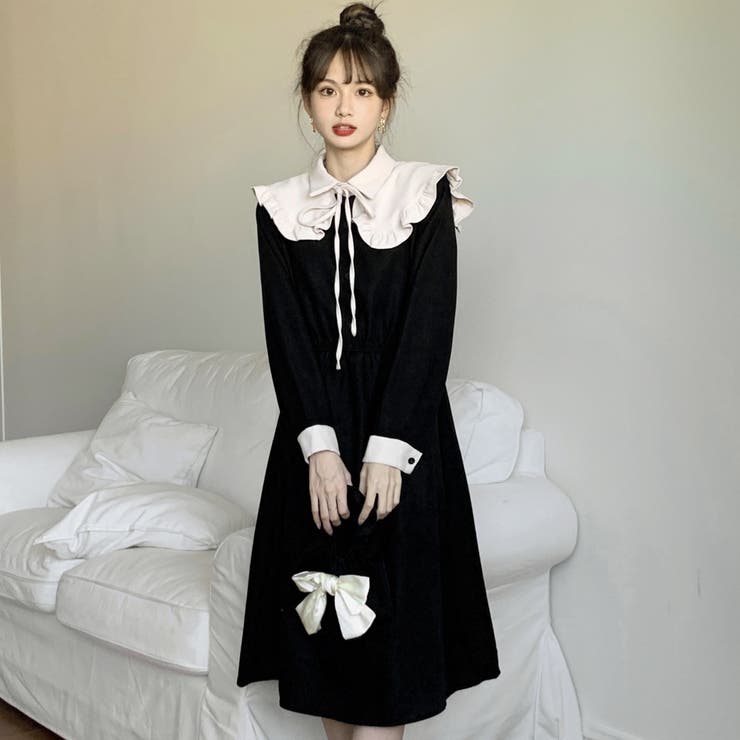 フリルデザイン襟付長袖ワンピース 秋冬新作 韓国ファッション