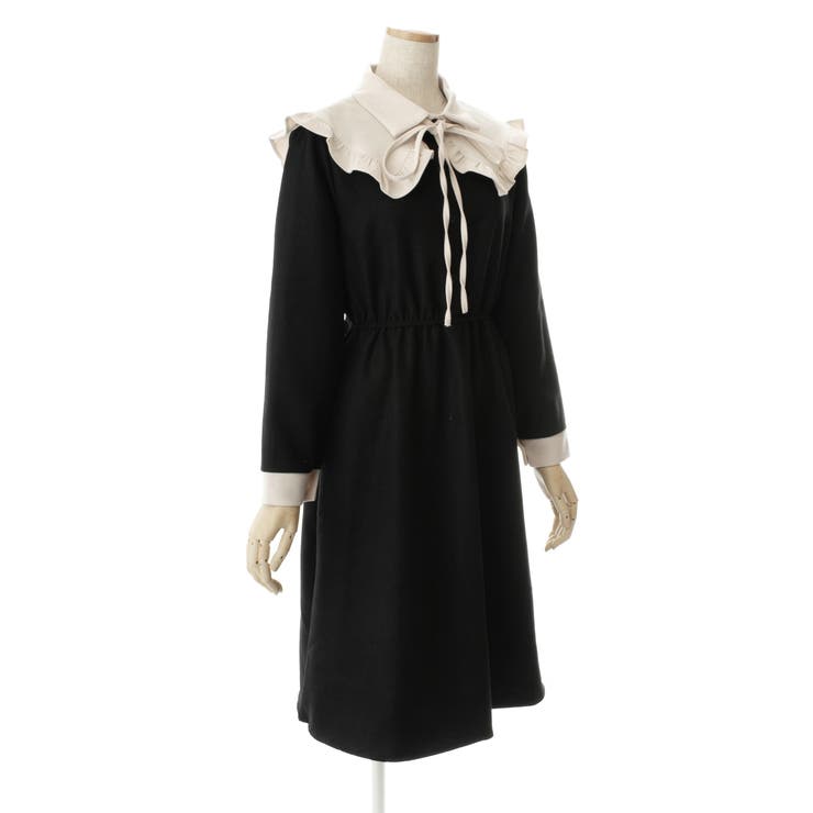 フリルデザイン襟付長袖ワンピース 秋冬新作 韓国ファッション[品番