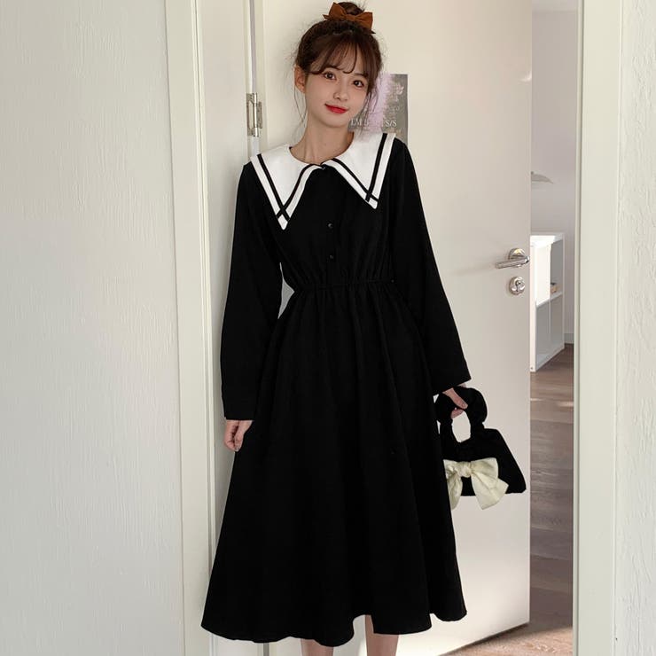 ラインデザイン襟付長袖ワンピース 秋冬新作 韓国ファッション