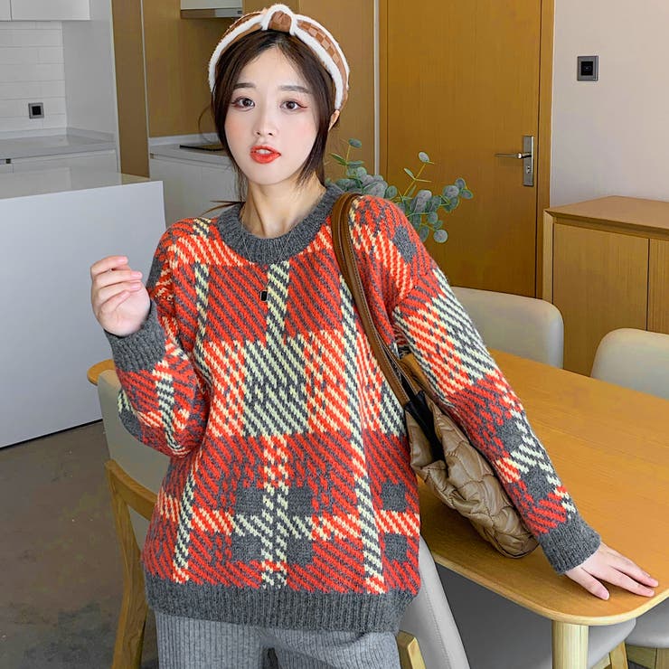 チェック柄長袖ニットセーター 秋冬新作 韓国ファッション[品番