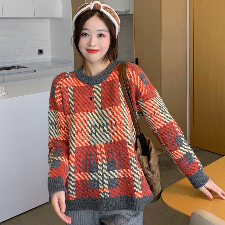 チェック柄長袖ニットセーター 秋冬新作 韓国ファッション[品番