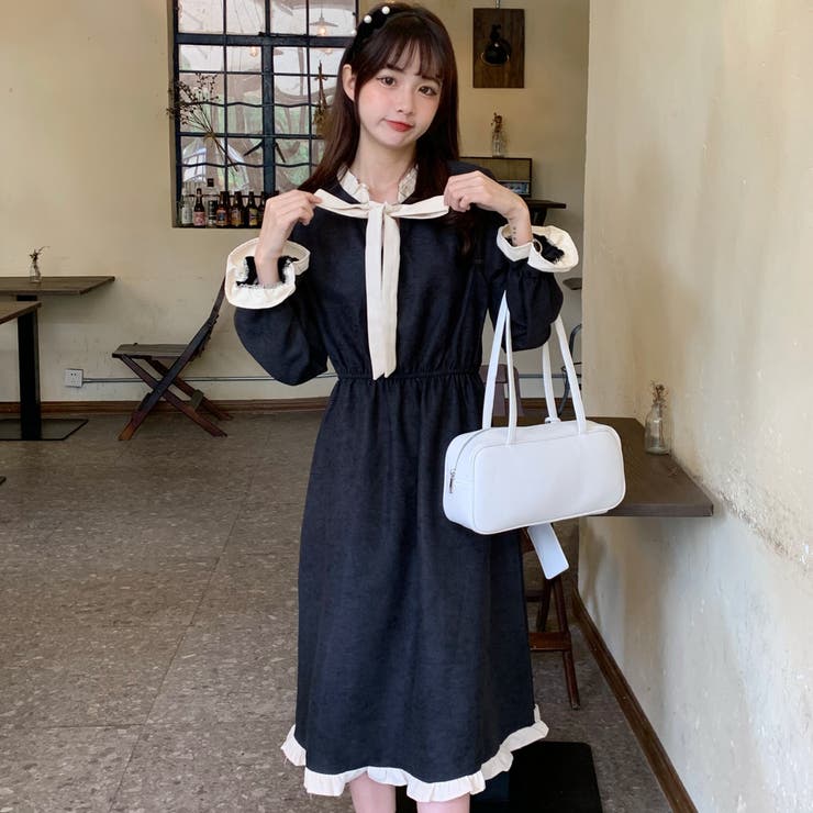 【韓国ブランド】カウンデリボンミディワンピースN147 リボンデザイン配色長袖ワンピース 秋冬新作 韓国ファッション
