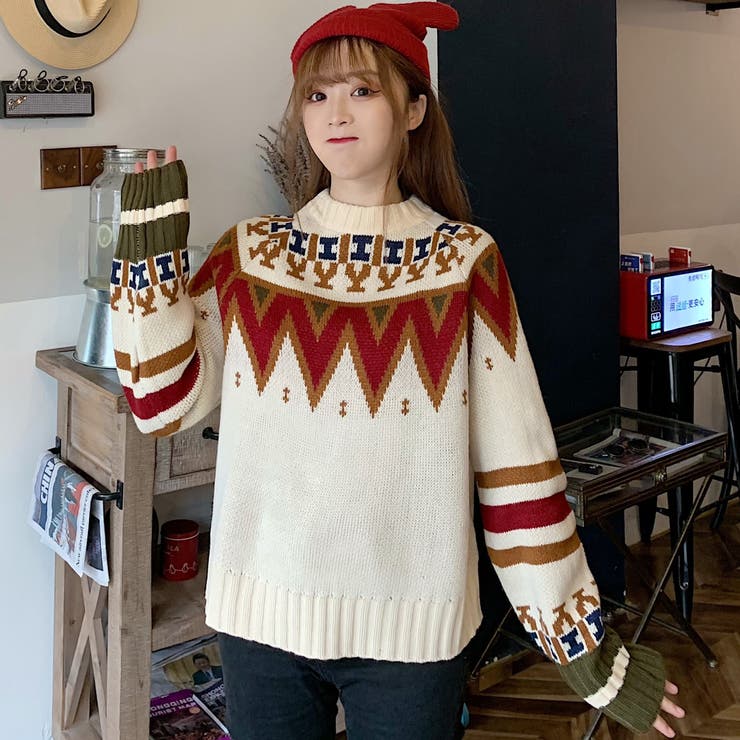 幾何学柄長袖ニットセーター 秋冬新作 韓国ファッション[品番
