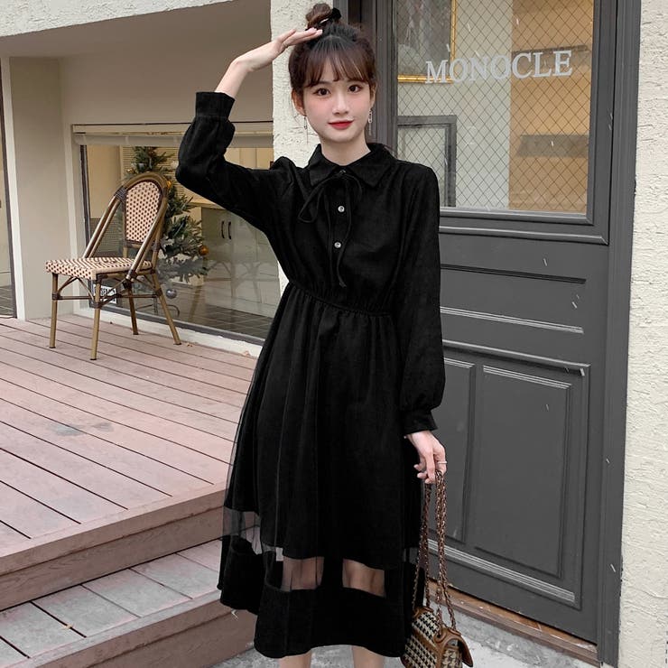 チュール切替襟付長袖ワンピース 秋冬新作 韓国ファッション[品番