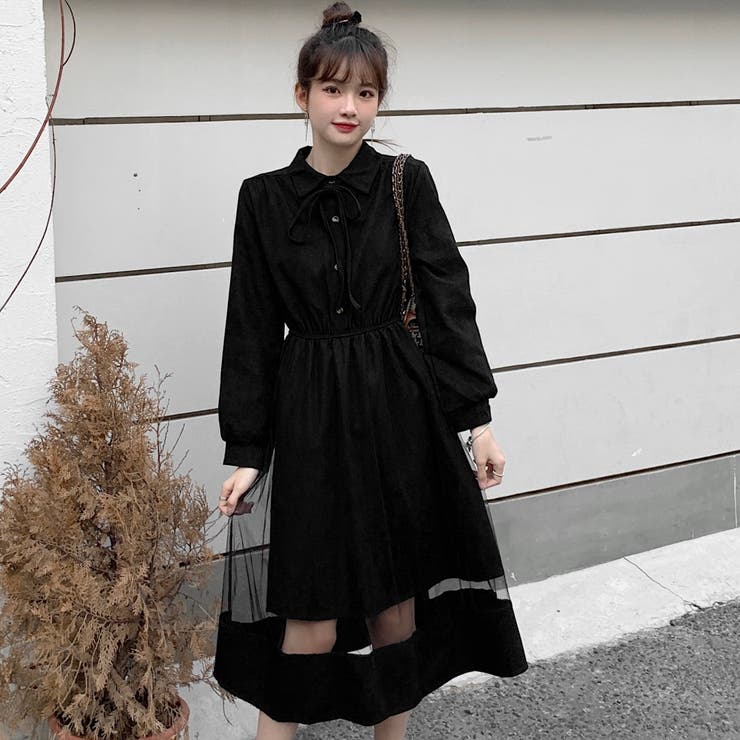 チュール切替襟付長袖ワンピース 秋冬新作 韓国ファッション[品番